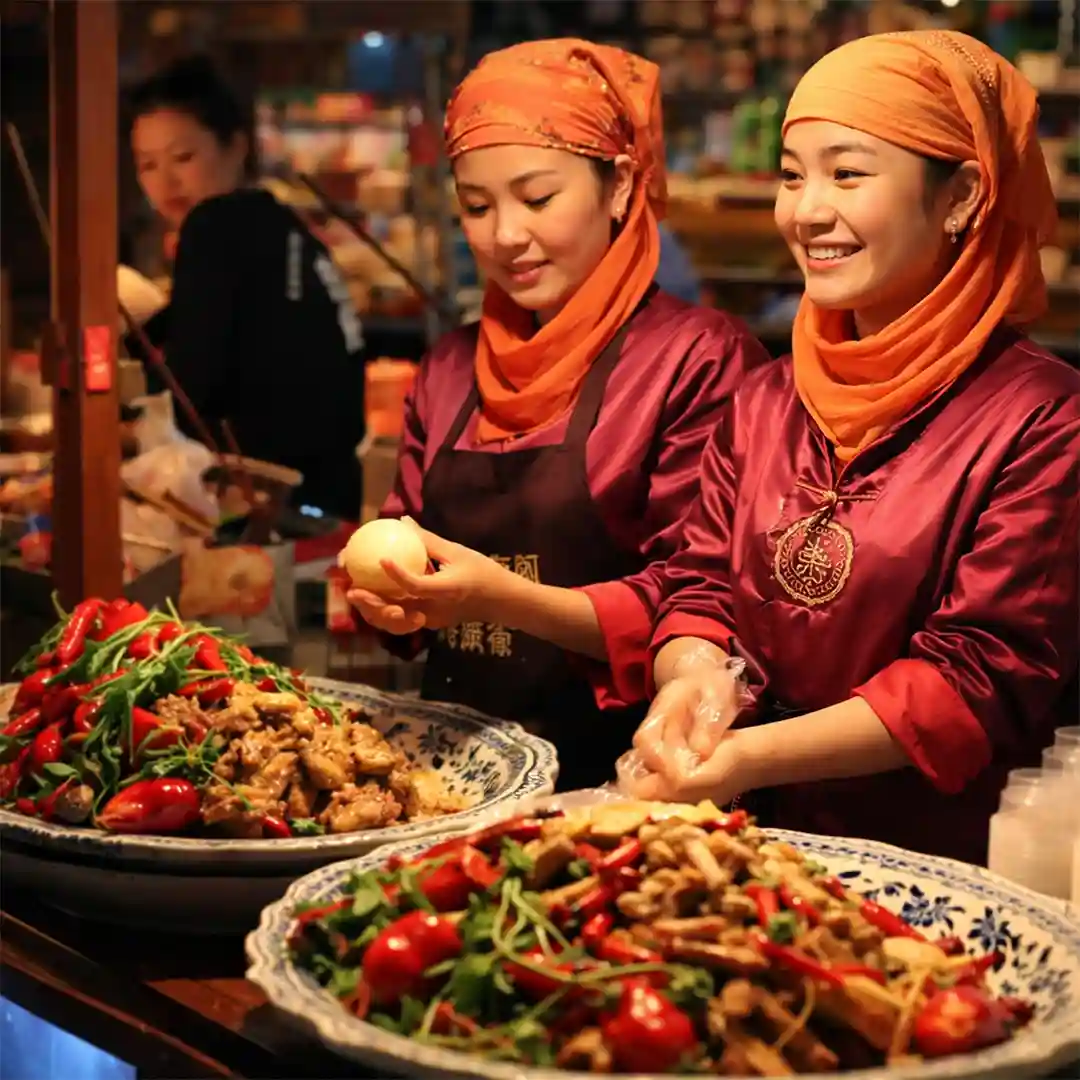 Zhonggulou Square and Hui Min Street Xi'an with busy market stalls, street food vendors, and traditional architecture