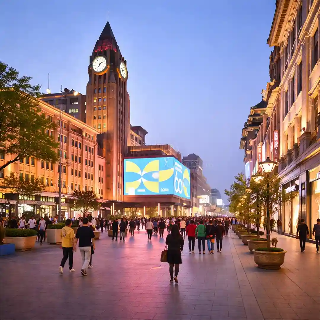 Wangfujing Pedestrian Street Beijing with busy shopping area, street food stalls, and bright city lights