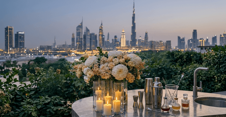 Dubai skyline with the Burj Khalifa at dusk