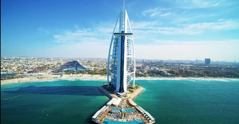 Aerial view of Burj Al Arab on its private island in Dubai
