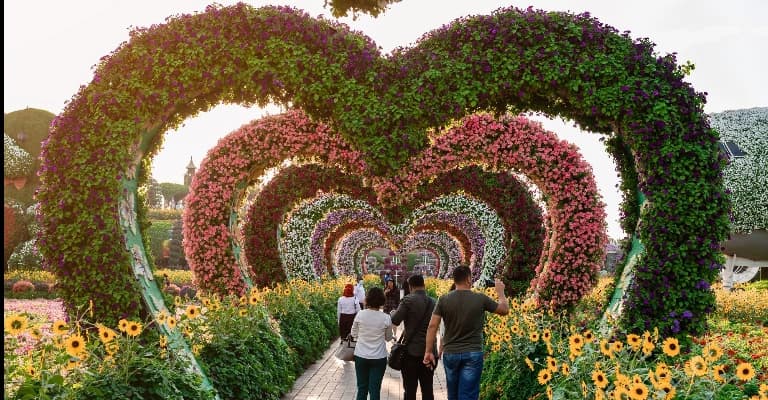 Heart-shaped floral arches at Dubai Miracle Garden