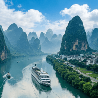 Private luxury boat cruising the Li River past Guilin's karst mountain landscape