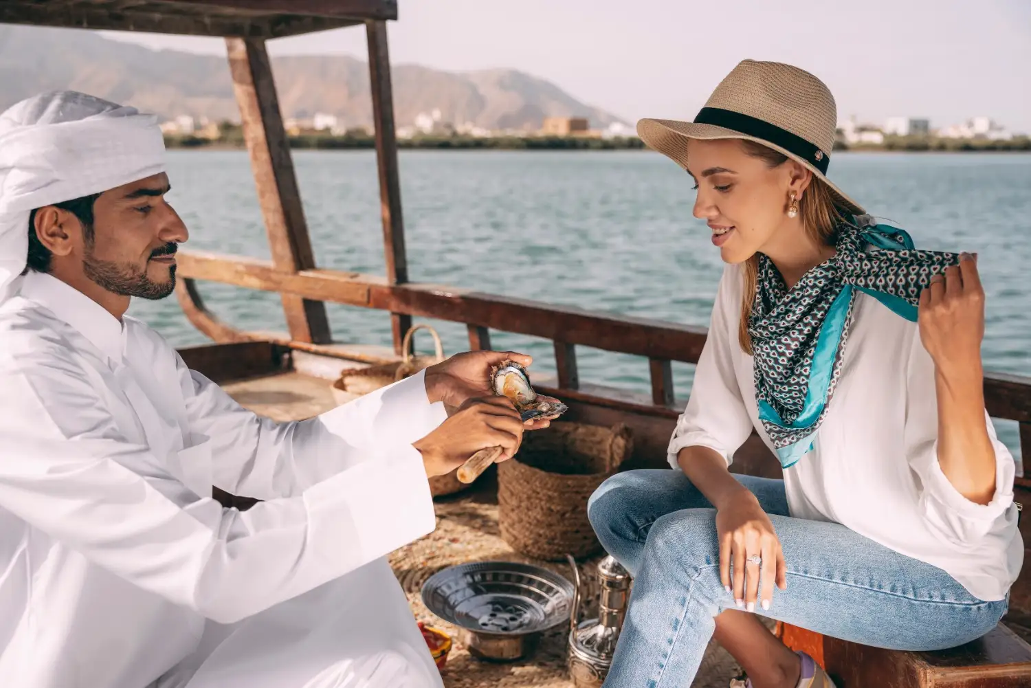 Traditional pearl farming experience and oyster opening in UAE