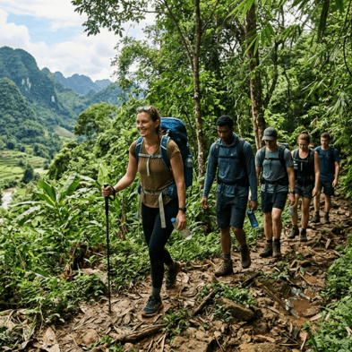 Trekkers hiking past rice terraces and villages in Pu Luong Nature Reserve Vietnam